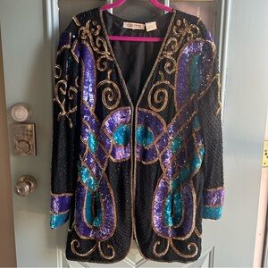 Vintage 80’s Beaded Sequin 100% Silk V-Neck Jacket Silhouettes Gold Purple 1X